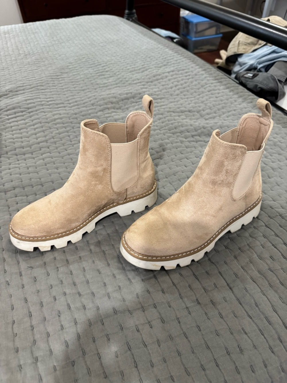 Chinese Laundry Taupe Suede Chelsea Lug Booties